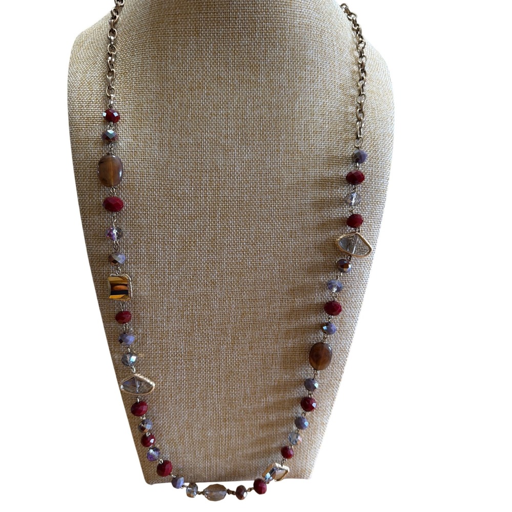 Long‎ Beaded Necklace Gold Tone Burgundy Grey Mixed Media Stone Glass